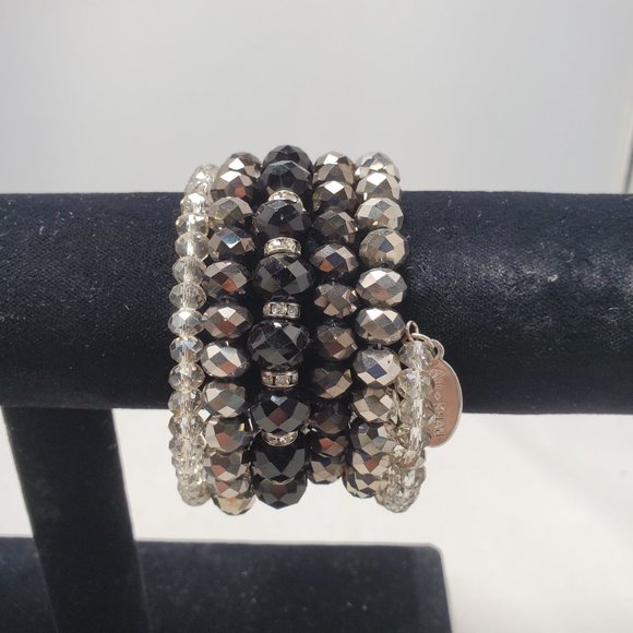 Ali Khan silver-tone gray glass bead 6 row coil bracelet - Picture 5 of 5